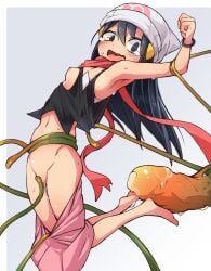 arched_back areola_slip arm_up armpits bare_shoulders barefoot beanie black_shirt blue_eyes blue_hair blush border bracelet breasts clenched_hand clothes_pull commentary_request constricted_pupils crotch_rub dawn_(pokemon) disembodied_penis erection female full_body grey_background groin hair_between_eyes hair_ornament hairclip hat huge_cock imminent_penetration impossible_fit jewelry long_hair looking_back looking_down miniskirt navel nipples oerba_yun_fang one_breast_out open_mouth outside_border penis pink_skirt poke_ball_symbol pokeeti pokemon pokemon_(game) pokemon_dppt pussy pussy_juice red_scarf restrained scared scarf shirt shirt_pull sidelocks simple_background skin_fang skirt skirt_pull sleeveless sleeveless_shirt small_breasts solo_focus stomach sweat tears tentacle tentacle_on_female thighs tongue uncensored veins veiny_penis white_border white_headwear wide-eyed