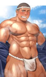 1boy abs armpit_hair armpit_hair_peek bara bare_pectorals blush bright_pupils bulge buzz_cut come_hither covered_penis feet_out_of_frame fundoshi grey_hair grin hachimaki happi headband highres human human_only japanese_clothes kansuke_(kansuke_717) kimono large_pectorals leg_hair long_sideburns looking_at_viewer male male_only male_pubic_hair mature_male muscular muscular_male navel navel_hair nipples open_clothes open_kimono original outstretched_arms pectorals penis pubic_hair pubic_hair_peek seductive_smile see-through short_hair sideburns smile solo solo_male sparse_navel_hair spread_arms standing steaming_body stomach strongman_waist summer_festival sweat thick_thighs thighs undressing very_short_hair very_sweaty wet wet_clothes wet_fundoshi