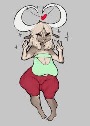 alternate_version_available breast breasts cameltoe closed_eyes female female_only heart horns long_horn long_horns peace_sign redhour_nsfw sagging_breasts solo sweat_pants thick_thighs thighs v_sign