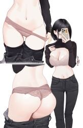 1girls ass black_hair cleavage hitomi_o jeans large_breasts panties selfie undressing