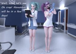 2girls 3d bare_legs blue_eyes breasts cute disney disney_princess doctor doctor_outfit elsa_(frozen) female fetish frozen_(film) glasses long_legs mask masked masked_female medic medical medical_gloves medicine medium_breasts nurse nurse_clothing nurse_outfit pumps tommytinycat vaccine