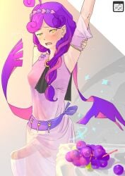 arms_up dress erection futa_only futanari grapes intersex long_hair morning_wood purple_hair see-through_clothing straysecond stretching