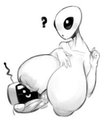 ? alien alien_girl alien_humanoid american_mythology astronaut astronaut_suit big_eyes black_and_white breast breasts classic_alien female grey_alien large_breasts large_nipples moba_(artist) monochrome nipples north_american_mythology public_domain question_mark roswell_grey simple_face sketch squishing_breasts urban_legend