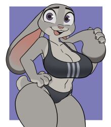 1girls animal_ears animal_tail anthro big_breasts bottomwear breasts bunny bunny_girl bunny_tail cleavage clothing female female_only grey_body grey_skin hand_on_hip hips huge_breasts judy_hopps medium_support_(meme) meme meme_attire pokpa purple_eyes shortstack solo solo_female sports_bra sports_uniform sportswear tail thick_thighs thighs topwear wide_hips zootopia