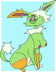 breasts dijon_(guncht) eeveelution female feral feral_only fur generation_1_pokemon green_body green_fur guncht hair jolteon nintendo nipples pokemon pokemon_(species) sitting solo