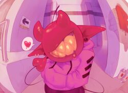 big_ears bulge cherry chilling demon demon_horns demon_tail drool drooling earrings fisheye_lens food_creature goes_hard heart hoodie horns imp looking_at_viewer male male_only moba_(artist) no_eyes pointy_ears sharp_teeth spray_can spray_paint tail teeth yellow_teeth