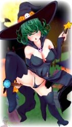 1girls 3d blackflames3 dress female female_only goth goth_girl green_eyes green_hair halloween high_heel_boots high_heels koikatsu one-punch_man pussy_visible_through_clothes pussy_visible_through_panties pussy_visible_through_thong slutty_clothing solo tatsumaki witch witch_costume witch_hat