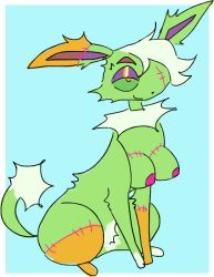 breasts dijon_(guncht) eeveelution female feral feral_only fur generation_1_pokemon green_body green_fur guncht hair jolteon nintendo nipples pokemon pokemon_(species) sitting solo stitch_(sewing)