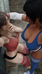 2girls 3d 3d_(artwork) against_wall big_ass black_hair brown_body brown_skin bubble_ass chocolate_and_vanilla crossover dark-skinned_female dark_skin egyptian egyptian_female fareeha_amari female female_protagonist fit_female gym gym_clothes human imminent_sex indoors interracial kabedon lara_croft lara_croft_(survivor) large_ass large_breasts light-skinned_female light-skinned_male light_skin overwatch overwatch_2 pharah seductive sweat sweaty tanuking3d tattoo thighhighs tomb_raider tomb_raider_(survivor) yuri