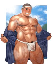 1boy abs armpit_hair armpit_hair_peek bara bare_pectorals blush bright_pupils bulge buzz_cut come_hither covered_penis feet_out_of_frame fundoshi grey_hair grin hachimaki happi headband highres human human_only japanese_clothes kansuke_(kansuke_717) kimono large_pectorals leg_hair long_sideburns looking_at_viewer male male_only male_pubic_hair mature_male muscular muscular_male navel navel_hair nipples open_clothes open_kimono original outstretched_arms pectorals penis pubic_hair pubic_hair_peek seductive_smile see-through short_hair sideburns smile solo solo_male sparse_navel_hair spread_arms standing stomach strongman_waist summer_festival sweat thick_thighs thighs undressing very_short_hair very_sweaty wet wet_clothes wet_fundoshi