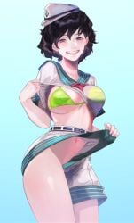 1girls 2021 bikini black_hair blush breasts green_bikini grey_eyes grin hat looking_at_viewer minamitsu_murasa navel no_panties one_breast_out presenting sailor_hat see-through see-through_top shirt shirt_lift short_hair shorts shorts_lift smile standing tagme thighs touhou wiaxixia