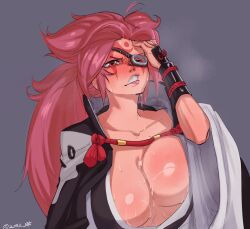 baiken cleavage clenched_teeth guilty_gear large_breasts long_hair wet zoru_art