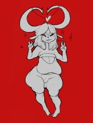 alternate_version_available breast breasts cameltoe closed_eyes female female_only heart horns long_horn long_horns monochrome peace_sign redhour_nsfw sagging_breasts sketch solo sweat_pants thick_thighs thighs v_sign