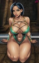 big_breasts black_hair breasts cleavage ed_product green_eyes jade_(mk9) jade_(mortal_kombat) kneeling looking_at_viewer mortal_kombat mortal_kombat_(2011) solo