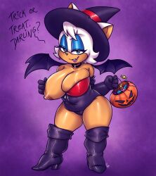 2023 bat blue_eyes blue_eyeshadow boots breasts candy cleavage female female_focus female_only furry halloween halloween_costume jack-o'-lantern nipples pink_lipstick purple_background rouge_the_bat sega shortstack skye3337 sonic_(series) talking_to_viewer thick_thighs thighs white_hair wide_hips witch_costume witch_hat