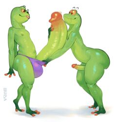 ass balls drool drooling frog furry gay heart heart-shaped_pupils large_penis male male/male male_only moba_(artist) non-human penis penis_size_difference precum small_penis tree_frog