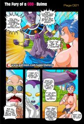 1girls 3boys anthro anthro_on_human areolae balls beerus blue_eyes blue_hair breasts bulma_briefs bunny_costume bunnysuit cheating cheating_wife clothing comic comic_page cuckold curvy dialogue dragon_ball dragon_ball_super english_text erection exposed_breasts exposed_penis female furry glasses heels highres imminent_sex jaco jaco_the_galactic_patrolman kneeling large_breasts large_penis male master_roshi netorare nipples ntr page_21 penis purple_skin shocked short_hair speech_bubble straight super_melons sweat testicles text the_fury_of_a_god_(supermelons) wide_eyed