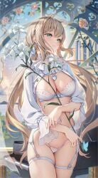 cleavage collared_dress earrings female female_only frilled_sleeves garter_belt garter_straps gradient_eyes holding_flower houkiboshi_(mmjw7432) jewelry large_breasts light_brown_hair lily_(flower) open_clothes original revealing_clothes roses skimpy_clothes skindentation string_panties thick_thighs very_long_hair wide_hips