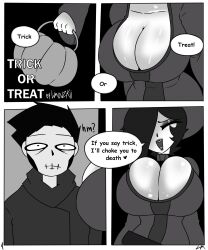 1boy 1boy1girl 1girls big_breasts black_and_white black_hair comic_strip dialogue ellie_(limovzkii) female halloween halloween_costume happy kaibo_(limovzkii) limovzkii lipstick makeup male panels surprised taller_female taller_girl trick_or_treat witch witch_hat