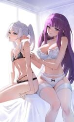 2girls aqua_eyes bare_arms bare_shoulders black_bra black_panties blunt_bangs bow bow_panties bra breast_envy breasts cleavage closed_mouth commentary_request ear_piercing female female_only fern_(sousou_no_frieren) frieren garter_straps grey_hair highres large_breasts lingerie long_hair looking_at_viewer multiple_girls panties parted_lips piercing purple_eyes purple_hair raijuu_(bakanara) sitting small_breasts sousou_no_frieren thick_eyebrows thighhighs thighs twintails twitter_username underwear white_bra white_garter_straps white_panties white_thighhighs