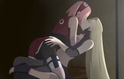 2girls ass ass_grab blonde_hair breasts clothing female female/female female_only ino_yamanaka kissing kunoichi lesbian_couple light-skinned_female light_skin multiple_girls naruto naruto:_the_last naruto_(series) ninja optimystic pale-skinned_female pale_skin pink_hair romantic romantic_couple sakura_haruno short_hair sitting sitting_on_lap sitting_on_person straddling very_long_hair yuri