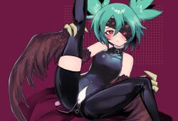 @_@ absurdres asymmetrical_clothes bare_shoulders black_feathers black_wings blush bodysuit commission crotch_zipper eyepatch feathered_wings feathers female green_hair harpy highres indie_virtual_youtuber leg_up light_censor lincoro long_bangs looking_at_viewer monster_girl pixiv_commission pussy_juice red_eyes ryuu_tou short_twintails single_pantsleg single_thighhigh skin_tight sleeveless solo thighhighs twintails virtual_youtuber winged_arms wings zipper