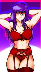 1girls arms_behind_head arms_up blue_eyes el_diario_de_jonathan female garter_belt garter_straps gh_dust headband legwear lingerie long_hair purple_hair red_legwear red_underwear samantha_cortez solo solo_female stockings thighhighs underwear