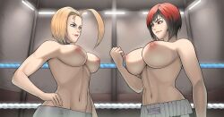 2girls areolae big_breasts black_hair blonde_hair blue_eyes breasts cammy_white capcom dead_or_alive erodrunky female female_only human light-skinned_female light_skin medium_hair mila_(doa) multicolored_hair multiple_girls nipples red_hair street_fighter tagme tecmo topless upper_body