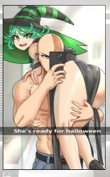 1boy 1girls 2d ass bald carrying carrying_over_shoulder carrying_partner dat_ass english_text female green_hair halloween halloween_costume imminent_sex jerbeartraveler light-skinned_female light_skin male one-punch_man pale-skinned_female pale_skin rear_view saitama selfie shounen_jump snapchat tatsumaki thick_thighs topless_male wholesome witch witch_hat