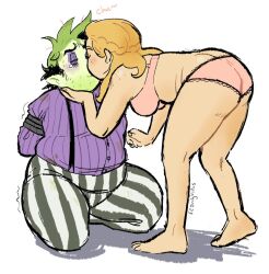 1boy1girl barbara_maitland beetlejuice beetlejuice_(character) bondage dirty dirty_clothes green_skin kissing scantyvitus tears teasing tender underwear