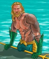 1boy actor aquaman arthur_curry big_bulge bulge celebrity dc dc_extended_universe huge_bulge in_character jason_momoa long_hair looking_at_viewer male male_only medinart_(david_medina) solo solo_male superhero tattoos