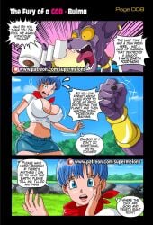 1boy 1girls anthro anthro_on_human areola_slip areolae beerus blue_eyes blue_hair breasts bulma_briefs cleavage clothing comic comic_page curvy dialogue dragon_ball dragon_ball_super english_text erect_nipples erect_nipples_under_clothes female furry highres large_breasts male nipple_slip nipples nipples_outside nipples_visible_through_clothing page_8 purple_skin scarf shirt shocked short_hair skirt speech_bubble straight super_melons text the_fury_of_a_god_(supermelons) thighs wide_eyed