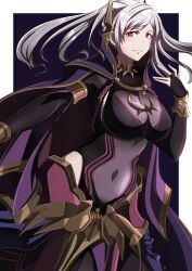 1girls absurdres alternate_costume black_background border breasts bridal_gauntlets cape cleavage covered_navel dark_persona female female_only fire_emblem fire_emblem_awakening fire_emblem_cipher fire_emblem_heroes grey_hair grima_(fire_emblem) grin hair_ornament highres large_breasts long_hair looking_at_viewer navel nintendo official_alternate_costume red_eyes robin_(female)_(fell_tactician)_(fire_emblem) robin_(fire_emblem) robin_(fire_emblem)_(female) see-through see-through_cleavage smile solo to_(tototo_tk) twintails white_border