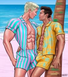 0actor barbie_(2023) barbie_(franchise) beach bulge caucasian caucasian_male celebrity east_asian east_asian_male gay in_character ken_carson male male_only medinart_(david_medina) open_shirt ryan_gosling simu_liu smooth_skin