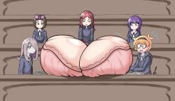 5girls atsuko_kagari bra breasts_bigger_than_head breasts_bigger_than_torso brown_eyes brown_hair cloak desk enormous_breasts gigantic_breasts glasses huge_breasts hyper hyper_breasts little_witch_academia long_hair lotte_yansson multiple_girls orange_hair ponytail purple_eyes purple_hair red_eyes red_hair sequence short_hair student sucy_manbavaran tagme text tokidokisuiyobi underwear uniform