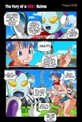 1girls 3boys accidental_exposure areolae blue_eyes blue_hair breasts bulma_briefs clothing comic comic_page curvy dialogue dragon_ball dragon_ball_super english_text female highres jaco jaco_the_galactic_patrolman male master_roshi medium_breasts nipples oolong page_6 panties scarf shirt short_hair skirt speech_bubble straight super_melons text the_fury_of_a_god_(supermelons) thick_thighs thighs wide_eyed