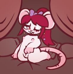 anthro bed female finger_fuck fingering fur furniture hair hi_res mammal mouse murid murine red_hair rodent smile solo vaginal_penetration white_body white_fur yakkotsuki