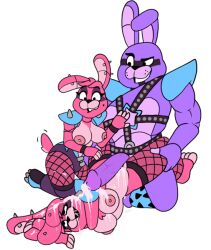 1boy 2girls animatronic bonnet bonnet_(fnafsl) breasts covered_in_cum fanmade_design five_nights_at_freddy's freddy_in_space_3 furry glamrock_bonnet_(fnaf) glamrock_bonnie_(fnaf) half-dressed penis rabbit robot sex shoulderpads stockings twins windstand