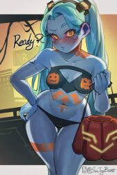 1girls bikini blush breasts cyberpunk:_edgerunners cyberpunk_2077 embarrassed english_text halloween halloween_costume pumpkin rebecca_(edgerunners) robot robot_girl sintrybest_(artist) small_breasts trick_or_treat twintails wide_hips