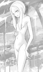 breasts cleft_of_venus collarbone commentary completely_nude cowboy_shot female greyscale groin hair_tie half-closed_eyes happy highres holding holding_paintbrush long_hair looking_at_viewer low_ponytail mina_(pokemon) monochrome navel nipples nude open_mouth paintbrush parted_bangs pokeeti pokemon pokemon_(game) pokemon_sm ponytail pussy sidelocks small_breasts smile solo splatter_background standing stomach thighs uncensored