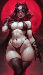 1girls absurd_res bikini black_hair black_thighhighs blood blood_from_mouth cape female female_only full_moon gift_art gloves horns looking_at_viewer pointy_ears red_eyes red_moon sasha_khmel solo thick_thighs thighhighs vampire viewed_from_below white_highlights