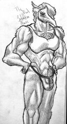 abs absurd_res animal_genitalia animal_mask avian beak_mask big_breasts big_muscles bird black_sclera blush body_hair bra breasts bubo_(genus) bulge clothing genitals graphite_(artwork) great_horned_owl hi_res jockstrap larger_male male mask muscular owl pencil_(artwork) sebastian_almric sheath size_difference solo thick_thighs traditional_media_(artwork) true_owl underwear wereowl