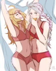 2girls ahoge alternate_breast_size arms_up bare_shoulders blonde_hair blue_eyes bra braid breasts cleavage female female_only fire_emblem fire_emblem_fates food fruit grey_hair hairband kidshiro long_hair low_twin_braids medium_breasts multiple_girls navel nina_(fire_emblem) nintendo open_mouth ophelia_(fire_emblem) orange_(fruit) orange_slice panties parted_bangs red_bra red_panties teenager twin_braids underwear