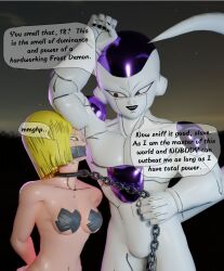 3d android_18 armpit armpit_sniffing blender blender_taper blonde_hair caption chain_leash dragon_ball dragon_ball_z frieza gag gagged leash male_domination maledom smelling_armpit sniffing sniffing_armpit sweat sweaty taped_mouth taped_nipples text theblendertaper xps