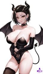 1girls 2023 artist_name black_gloves black_hair black_leotard breasts brooch brown_eyes choker cleavage clothing demon_girl demon_horns demon_tail demon_wings elbow_gloves female female_only gloves highleg highleg_leotard highres horns infinote jewelry large_breasts leotard navel_cutout original raised_tail short_hair simple_background solo standing succubus sweat tail teeth thick_thighs thighhighs thighs watermark white_background wings yashiki_yuuko