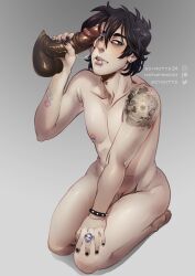 1boy black_hair black_penis gay handjob male male_only naked nico_di_angelo percy_jackson_and_the_olympians soynutts tattoo