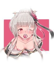 1girls cum cum_on_face cygames dragalia_lost facial female gray_hair hair_accessory heart-shaped_pupils kimono nintendo no/min_(noumin_suijun) open_mouth partially_nude red_eyes sazanka small_breasts takuma.s