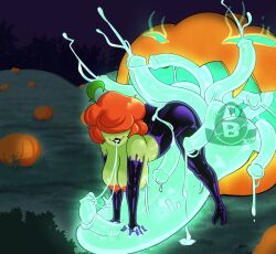 all_fours ass_up big_breasts bimbo breedable cum cum_in_mouth cum_on_face cumshot diceyboi dick dominant_female female_focus ginger ginger_hair glowing glowing_cum glowing_genitalia glowing_penis glowing_tentacles glowing_tongue green_skin hair_over_eyes halloween halloween_pumpkin latex latex_gloves latex_suit monster monster_breeding monster_cock monster_girl orange_hair precum pumpkin pumpkin_hair pumpkin_monster pumpkin_pasties tentacle tentacle_sex thick_thighs thin_waist tongue tongue_out