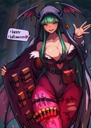 1girls ap_cammy bangs bat_print big_breasts capcom cleavage clothing cosplay darkstalkers dialogue english_text female female_only green_eyes green_hair halloween head_wings heart heart_cutout hooded_coat large_breasts leotard long_hair looking_at_viewer merchant_(resident_evil) morrigan_aensland pantyhose pink_pantyhose resident_evil resident_evil_4 smiling smiling_at_viewer solo speech_bubble succubus succubus_wings thick_thighs very_high_resolution wings