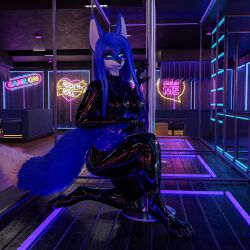 absurd_res anthro bar bedroom_eyes canid canine clothing club corset female fox glowing glowing_eyes hi_res kurolatex latex latex_clothing lingerie looking_at_viewer lustravix mammal narrowed_eyes neon_sign rubber rubber_clothing rubber_suit seductive sign solo topwear